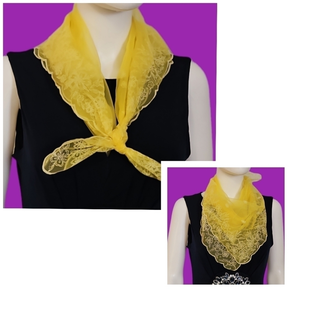 Vintage Canary Yellow Scalloped Floral Chiffon Mantilla Scarf